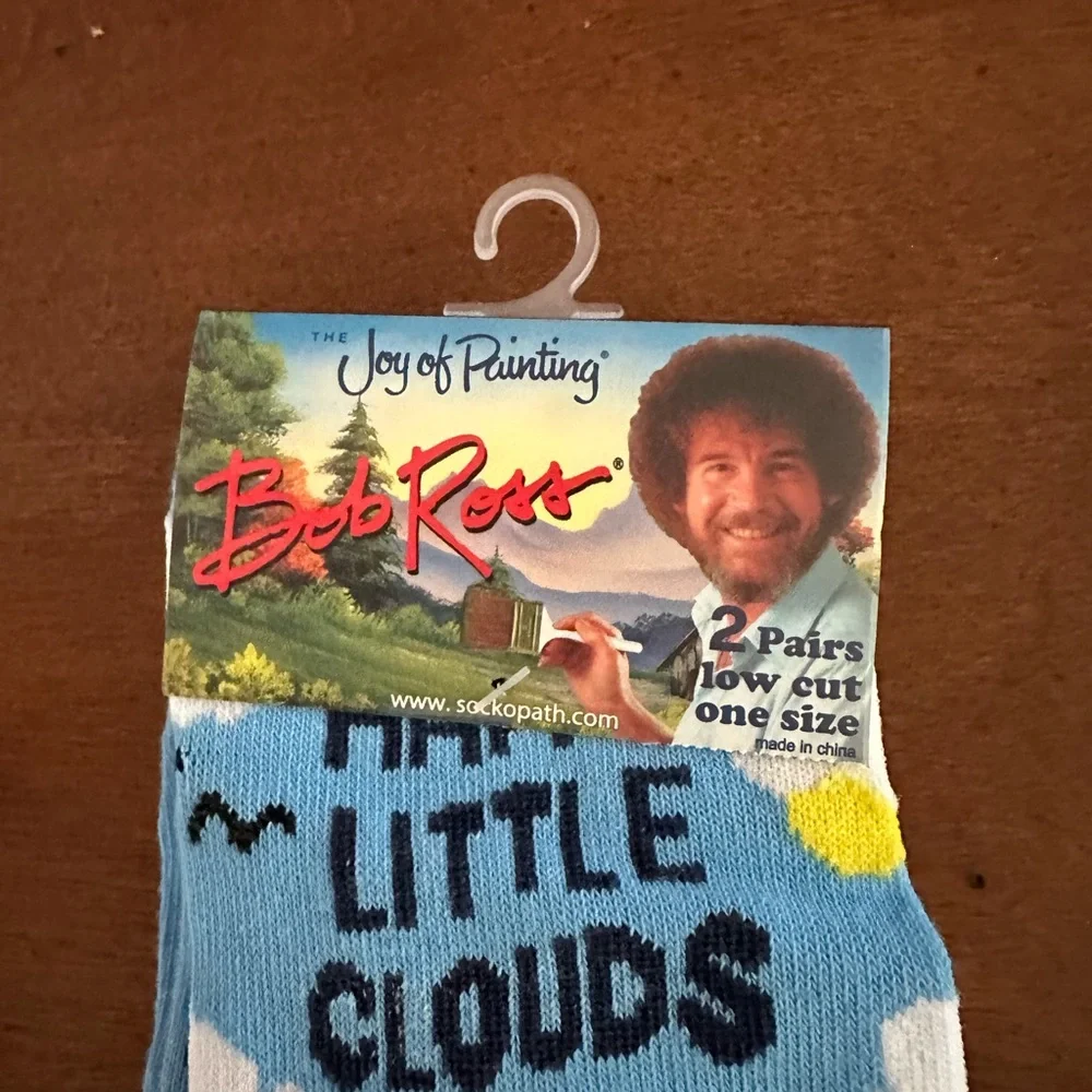 2 pairs Women or Men Bob Ross Happy Little Clouds Low Cut Socks